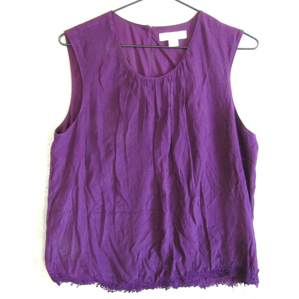 Coldwater Creek Purple Lace Trim Gathered Neck Sleeveless Top Womens L 14 16